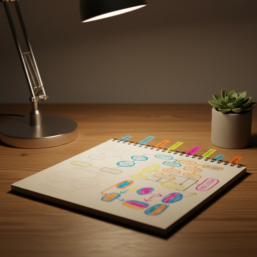 A vibrant flowchart notebook, with a nature-themed desk lamp and a small plant on the wooden table.