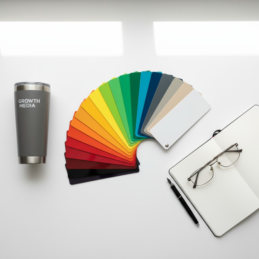 A gray tumb with "GROWTH MEDIA" text is displayed next to a rainbow-hued color palette, along with a pair of glasses and a...