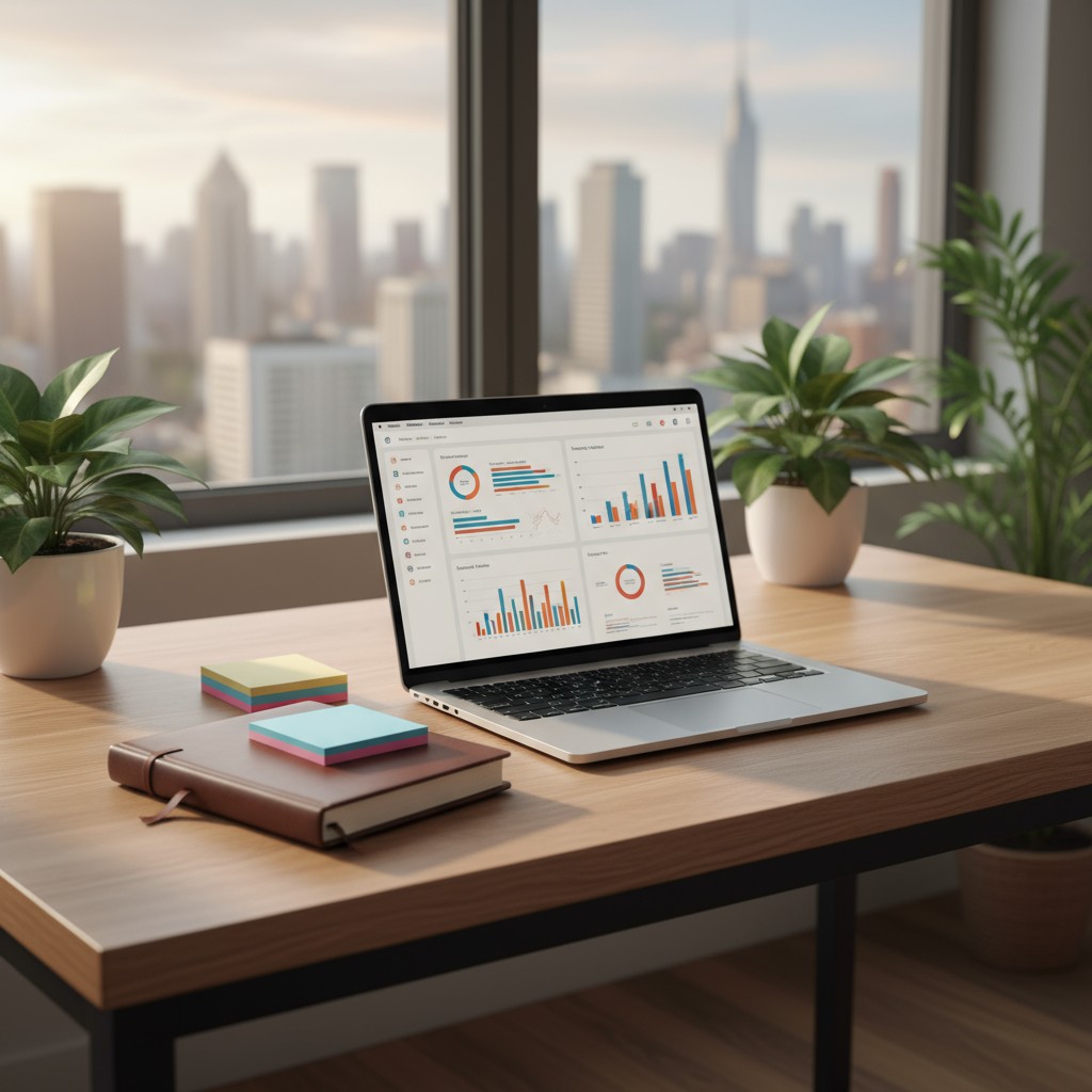 Oficina moderna con una laptop abierta donde se observa análisis de marketing.